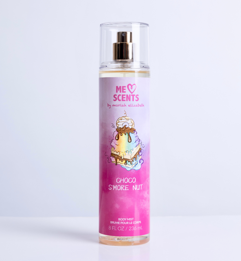 A close-up of the 8 fl oz Choco S'more Nut Body Mist from the ME Scents Collection.