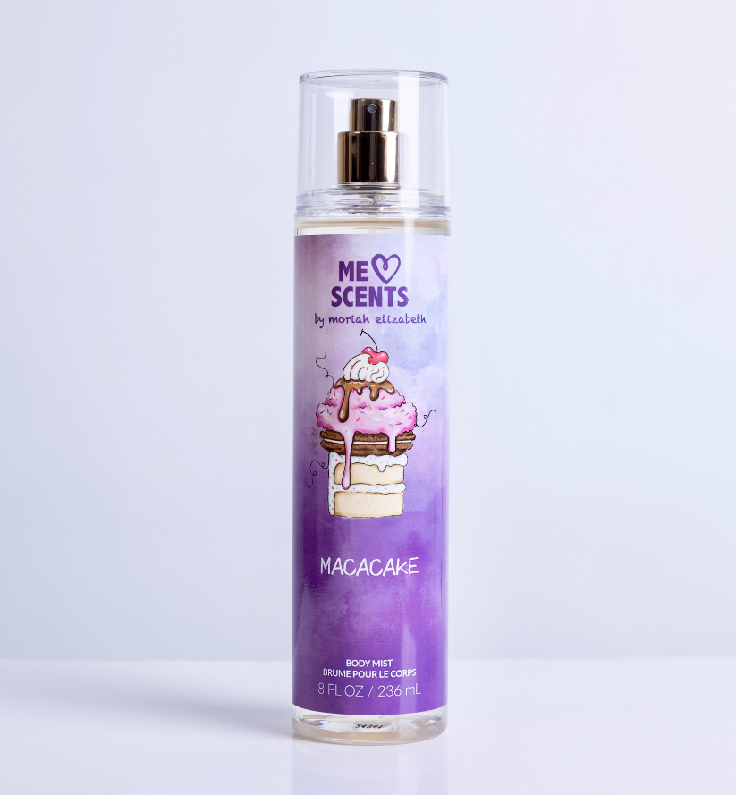 A close-up of the 8 fl oz Macacake Body Mist from the ME Scents Collection.
