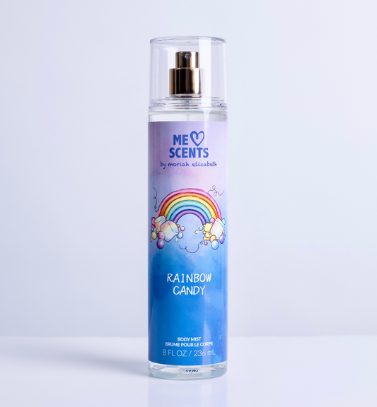 A close-up of the 8 fl oz Rainbow Candy Body Mist from the ME Scents Collection.
